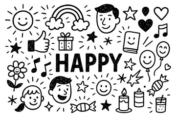 Happy emotion and joyful celebration doodle composition with smiling faces, Transparent Background