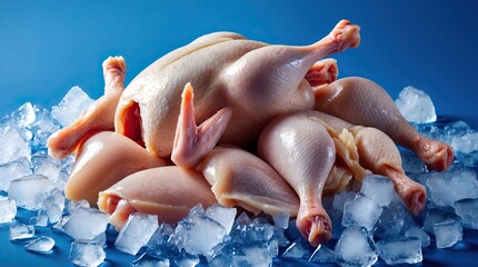 Raw Plucked Chickens Arranged in a Circle on Ice with Cool Blue Background (AI-generated)