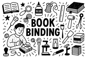Book binding craft and handmade notebook making doodle composition with tools, Transparent Background