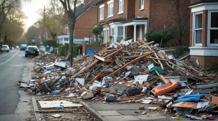Pile of Construction Debris on Residential Street with Brick Houses and Trees (AI-generated)