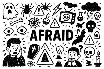 Afraid emotion and fear doodle composition with scary elements, Transparent Background