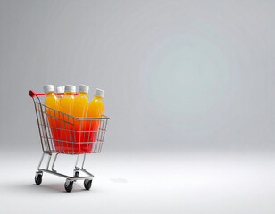オレンジジュースのボトルが入ったミニチュアのショッピングカート。スーパーでの買い物をイメージした3Dイラストで、飲み物や健康的な飲料の購入コンセプトに最適。