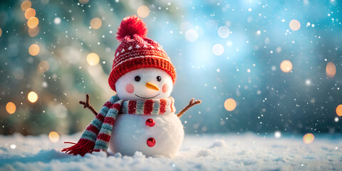 Fototapeta premium Happy cartoon snowman on the snow with a hat and scarf, celebrating the Christmas and winter holiday season