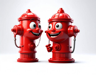 笑顔で会話する、可愛い消火栓のキャラクター2体。友達同士のような、赤くユーモラスな擬人化3Dイラスト。白背景で分離された、楽しくポジティブなイメージ。