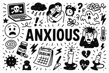 Anxious emotion and overthinking doodle composition with stressed expressions, Transparent Background