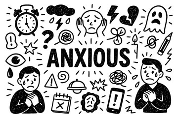 Anxious emotion and overthinking doodle composition with stressed expressions, Transparent Background