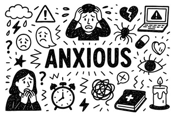 Anxious emotion and overthinking doodle composition with stressed expressions, Transparent Background