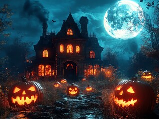 halloween scene horror background with creepy pumpkins of spooky halloween haunted mansion Evil houseat night with full moon, Generative AI