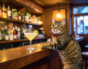 バーのカウンターでカクテルを前に座る、蝶ネクタイをしたお洒落な猫。お酒を楽しむユーモラスな動物のイメージ。リアルで可愛いペットが夜の時間を過ごす面白い写真。