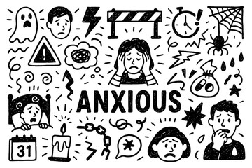 Anxious emotion and overthinking doodle composition with stressed expressions, Transparent Background