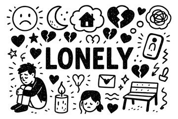 Lonely emotion and isolation doodle composition with sad expressions, Transparent Background