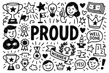 Proud achievement and success celebration doodle composition with positive expressions, Transparent Background