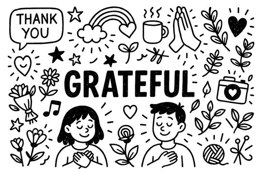 Grateful mindset and appreciation doodle composition with thankful expressions, Transparent Background