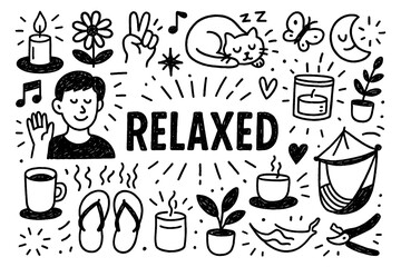 Relaxed mood and stress relief doodle composition with peaceful lifestyle elements, Transparent Background