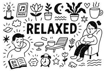 Relaxed mood and stress relief doodle composition with peaceful lifestyle elements, Transparent Background