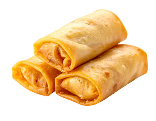 Close-up of three crispy, golden-brown fried rolls, stacked on a black background