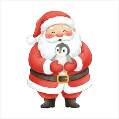 Santa Holding Baby Penguin Watercolor Vector Illustration on White Background
