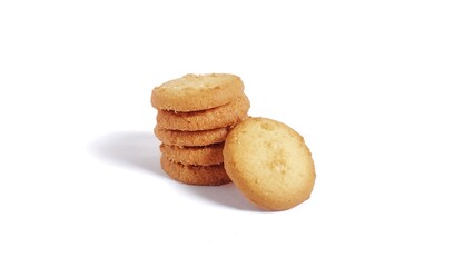 Danish butter cookies isolated on white background with copy space. Perfect for design element, baked pastry, sweet food concept or any commercial usages.
