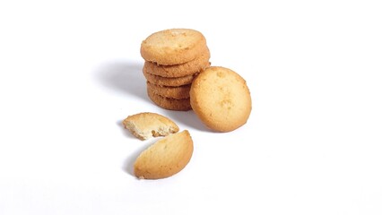 Varians Danish butter cookies isolated on white background with copy space. Whole and broken cookies. Perfect for design element, baked pastry, sweet food concept or any commercial usages.