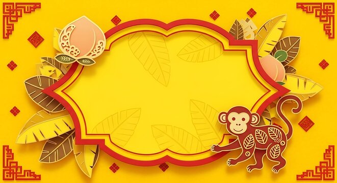 Festive Chinese New Year Background with Monkey and Peach Decorations.