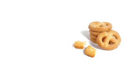 Side view of Danish butter cookies isolated on white background with copy space. Perfect for design element, baked pastry, sweet food concept or any commercial usages.