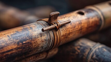 Detailed close-up of a aged, dark bamboo flute with worn bindings and visible holes