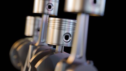 A 3d illustration of pistons, connecting rods and crankshaft, conveying a sense of precision mechanical engineering and the core components of an internal combustion engine.