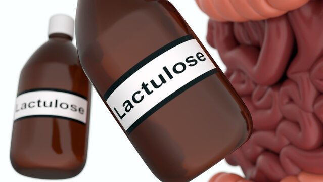 A 3d illustration of bottle labeled "Lactulose" and human intestines