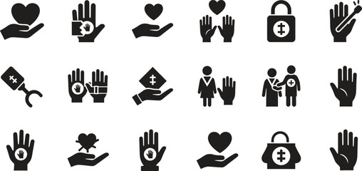 Obraz premium Collection of healthcare charity and love black vector icons isolated concept