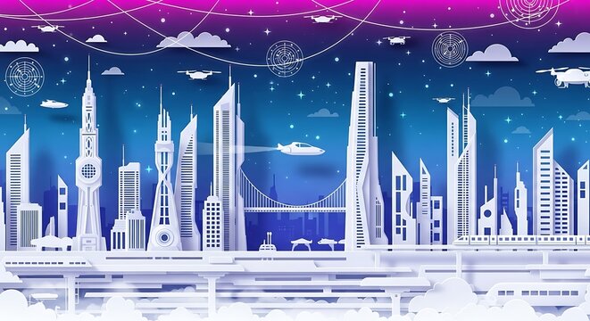 Futuristic Cityscape with Flying Vehicles and Modern Architecture at Night. - Powered by Adobe