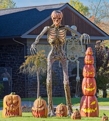 halloween creatures, skeletons, witches, pumpkins on public display. Moreland Hills, Ohio USA