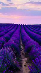 Majestic Lavender Fields at Sunset: A Serene Landscape Under the Blissful Glow of Pink and Violet Twilight Skies
