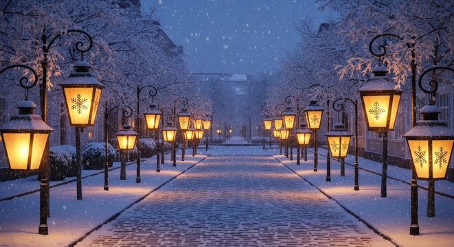 Snow falling on a cobblestone street lined with glowing christmas lanterns at night