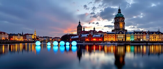 Naklejka premium Minimalist riga cityscape at dusk serenity of reflections urban photography tranquil waters artistic perspective