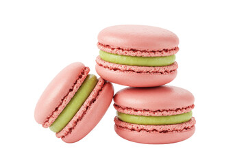 Isolated pastel pink macarons with green filling, delicious cookies in a sweet stack