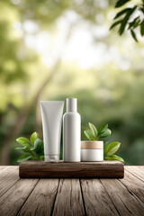 Minimalist white skincare bottles arranged on rustic wooden tray with fresh green leaves against soft blurred forest background