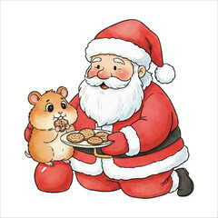 Santa with Hamster and Cookies Watercolor Vector Illustration on White Background
