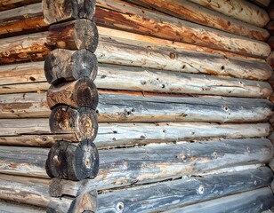 Close-up of weathered wooden log cabin construction, showcasing texture and detail