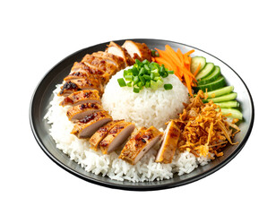 A plate of grilled meat, rice, and fresh vegetables arranged neatly