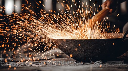 Sparks flying from metalwork workshop action shot industrial setting close-up craftsmanship concept
