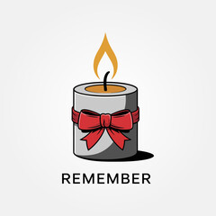 Remembrance candle icon, burning flame with red ribbon, memorial awareness graphic, sympathy vigil design, peaceful tribute vector
