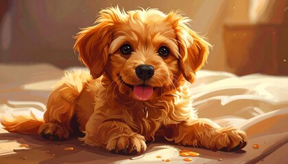 An adorable, golden-hued puppy with a joyful expression lies on a rumpled bed. Its fluffy fur and gentle smile are captivating