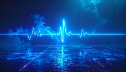 Abstract digital representation features a glowing blue pulse waveform amidst a dreamy, illuminated background. Reflective surface below