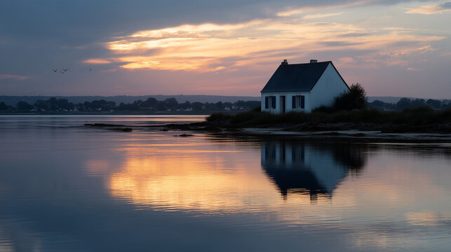 Petite maison sur l&acirc;eau en Bretagne, France coucher de soleil sur une maison flottante pittoresque, reflets dor&Atilde;&copy;s, ciel ros&Atilde;&copy;, atmosph&Atilde;&uml;re tranquille et po&Atilde;&copy;tique, mouettes dans le ci