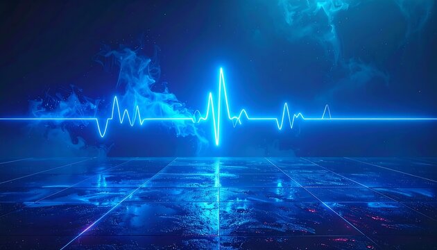 Abstract digital representation features a glowing blue pulse waveform amidst a dreamy, illuminated background. Reflective surface below - Powered by Adobe