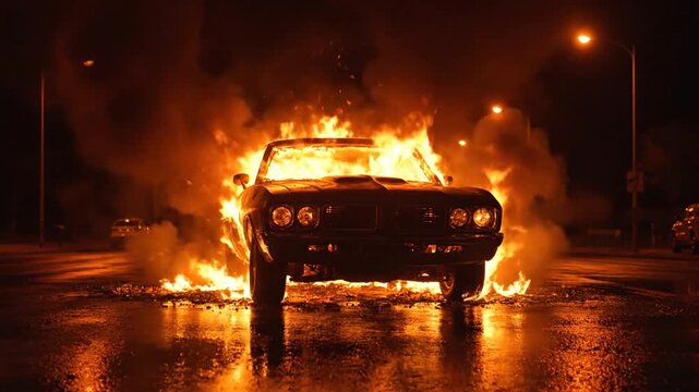 Fiery Inferno Consumes a Vintage Muscle Car on a Dark, Rain-Slicked Urban Street