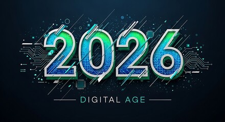 Futuristic 2026 Digital Age Concept with Glitch Effects and Circuitry.