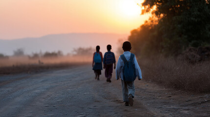 Children from poor countries walking to school barefoot kids carrying old backpacks along a dusty rural road, sunrise in the background, sense of hope and determination, simple clo