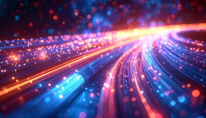 Abstract depiction of illuminated pathways streaming with light and particles. Orange and blue colors blend in a blurred, artistic vision of flow