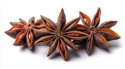 Close up of three star anise pods with seeds on a white background in detailed view
